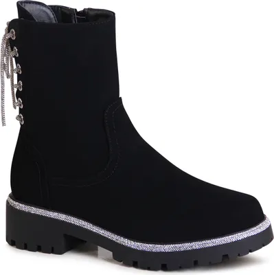 A studio shot of a black boot.