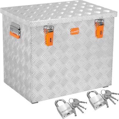 A silver aluminum storage box with orange latches and two padlocks in front of it, set against a white background.