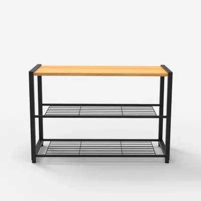Image de Armoire à chaussures ouverte 2 étagères 1 étagère pour 8 paires de chaussures en bois métal Amnes - Noir