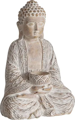 A Buddha statue with a lotus bowl.