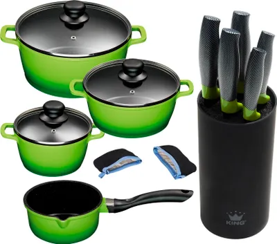 Produktbild von 10tlg. KING Vorteilsset GRÜN: 4tlg. Kochtopfset Aluguss Grün, 3xKochtöpfe in Ø16,Ø20,Ø24cm, 1xStieltopf Ø16cm + 6tlg. Messerset KING® CARBON GREEN LINE