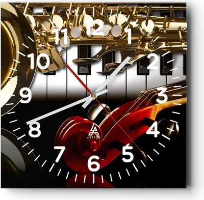 Produktbild von Wanduhr - Quadrat - Glasuhr - Klaviertasten Musik Instrumente - 40x40cm - Schleichendes Uhrwerk - Lautlos - zum Aufhängen bereit - Dekoration Modern - Wanddekoration aus Glas - C4AC40x40-2679