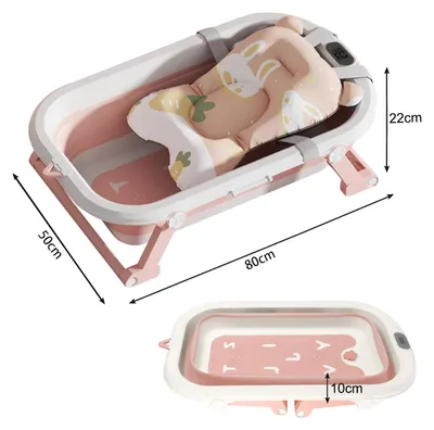 Image de Baignoire pour bébé - Baignoire pliable avec thermomètre et tapis de bain - Baignoire de voyage antidérapante - Pour les bébés de 0 à 36 mois - Rose