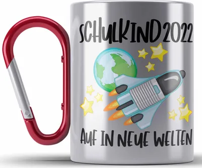 Produktbild von Trendation - Schulkind 2022 Einschulung Mädchen Junge Geschenk Schultüte Edelstahl Tasse Karabiner Schulstart 1 Schultag Schuleinführung Schulanfang Geschenkidee Lustig (Rot)