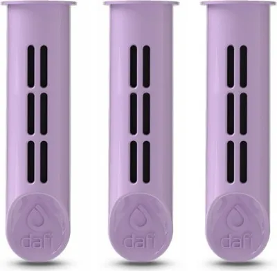 Three purple water filter cartridges are arranged side-by-side against a white background.