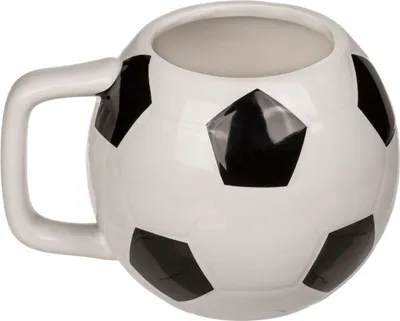A soccer ball shaped mug on a white background.