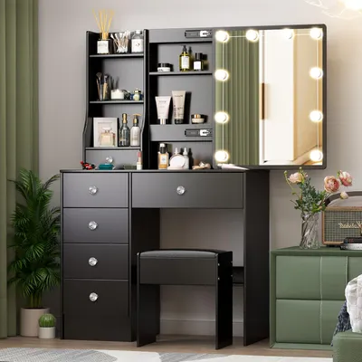 Productafbeelding van Make-up Tafel - Kaptafel - Schminktafel - Make-up Bureau - Make-up Organizer - Zwart - 6 Lades & Opbergruimte