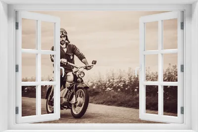 Produktbild von Wallario selbstklebendes Poster mit Fenster-Illusion - Simson Fahrer in der DDR in Sepiafarben, Größe: 100 x 150 cm