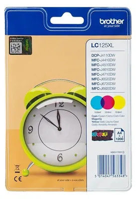 Produktbild von Brother LC125XLRBWBP, Hohe (XL-) Ausbeute, Cyan, Magenta, Gelb, Tinte auf Pigmentbasis, 3 Stück(e), 1200 Seiten, Multipack