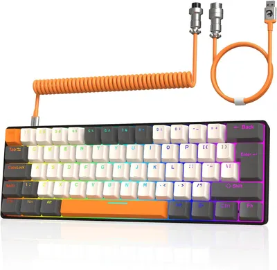 Produktbild von Kabelgebundene Gaming-Tastatur mit spiralförmigem USB-C-Kabel – kompakte mechanische Tastatur mit 60 % UK-Layout (QWERTY), 19 Regenbogen-RGB