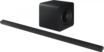 A black soundbar and subwoofer are displayed against a white background.
