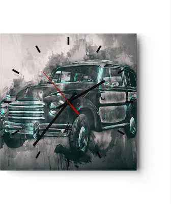 Produktbild von Wanduhr - Quadrat - Glasuhr - Auto Retro - 30x30cm - Schleichendes Uhrwerk - Lautlos - zum Aufhängen bereit - Dekoration Modern - Wanddekoration aus Glas - C3AC30x30-3834