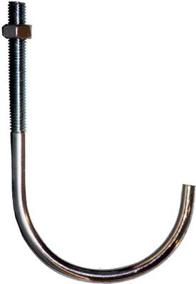 A silver metal J-hook with a threaded bolt and nut on top, isolated on a white background.