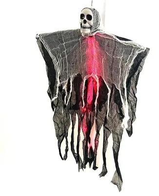 Produktbild von Halloween-Hängefiguren-Set mit Totenkopf und Geist, LED-beleuchtete Dekoration für Garten, Zuhause und Partys – Rotlicht