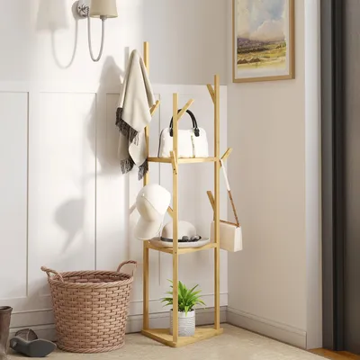 Image de Porte-vêtements - Patère - Rangement pour vêtements - Étagère à vêtements - Support à vêtements - Bambou naturel - 9 crochets et 3 étagères