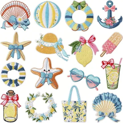 Produktbild von Bügelflicken 16 Stück, bestickte Aufnäher, Strand Design, für Kleidung