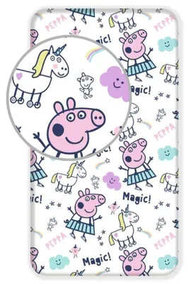 Produktbild von Peppa Pig, Peppa Wutz, Einhorn, Teddy, Wolken, Sterne, Magic!, Regenbogen-Sternschnuppe, Spannbettlaken für Einzelbett 90x200 cm + 25 cm, 100% Baumwolle
