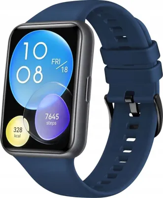A smartwatch with a dark blue strap is shown against a white background. The watch face displays the time, date, steps, and calorie count.