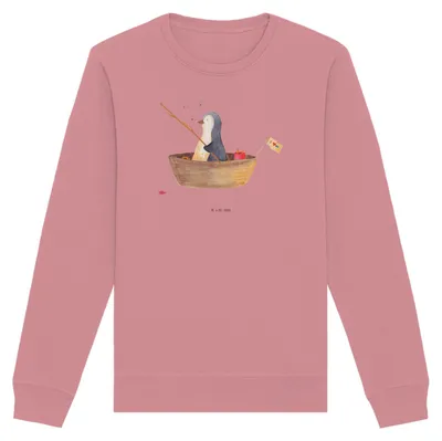 Produktbild von Mr. & Mrs. Panda Bio Baumwoll Pullover Pinguin Angelboot Größe XS - Canyon Pink - Geschenk, Sweater, Optimistisch, Boot, Pulli, Sweatshirt, Angeln, Scheidung