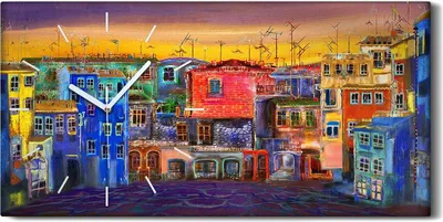 Produktbild von Leinwand Uhr Küche Wohnzimmer Bild 60x30 Wandkunst Malerei Stadt Häuser Straße - weiße Hände
