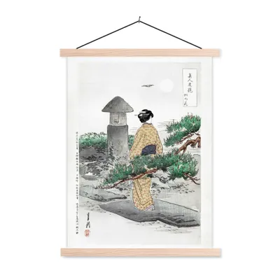 Produktbild von MuchoWow® Textilposter Vintage - Frau - Kimono - Boom - Japanisch 120x160 cm mit holzfarbenen Rahmen - Plakatkarton