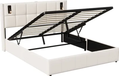 Image de ProximaX lit rembourré (160x200 cm), sommier à lattes, lit boxspring hydraulique avec lampe de lecture, lit double de rangement, housse en velours, beige