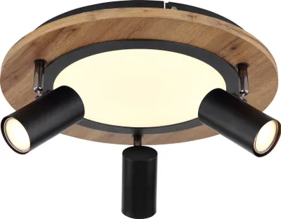 A ceiling light fixture with a wooden rim and three black spotlights.