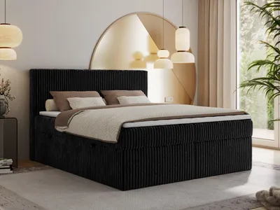 Produktbild von MKS MEBLE Boxspringbett 160x200 Schwarz Cord, Boxspringbett mit Matratze H3, Bett 160x200 mit Bettkasten and Kopfteil, Doppelbett mit Stauraum, Polsterbett 160x200 - Tiliano