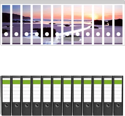 Produktbild von Wallario 12 Stück breite Ordner inkl. Klebeetiketten mit Motive Sonnenuntergang am einsamen Strand -  Set mit Rückenschildern / Ordnerrücken Stickern