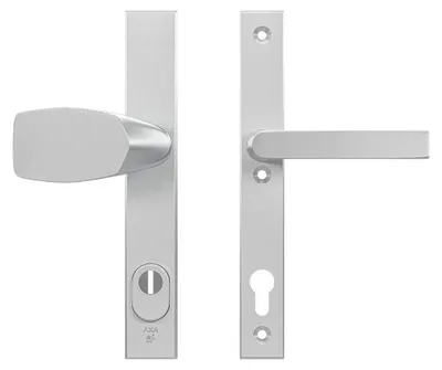 Produktbild von AXA Sicherheits Türbeschläge set - Edge Plus Smal - Türklinken mit Langschild - PC92 mit Kernziehschutz - Kruk/Knopf - Aluminium