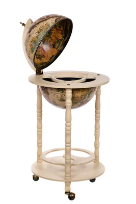 A globe bar cart is shown against a white background.