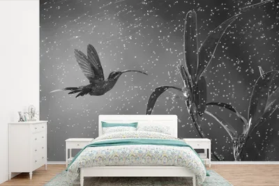 Produktbild von MuchoWow® Fototapete für Wohnzimmer oder Schlafzimmer Wandtapete Vinyl Motivtapete Kolibri im Regen in der Natur von Costa Rica in schwarz und weiß - 525x350 cm - Das Hintergrundbild