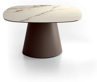 Immagine prodotto di Tavolino da Salotto Pillar Big 90x90 cm con Top in Vetroceramica su Vetro Effetto Marmo Calacatta Borghini e Struttura in Metallo Bronzo
