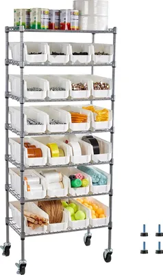 Obrázek produktu pro Stojanový regál se stohovatelnými boxy – skladovací regál – 7 úrovní – 24 boxů na drobné díly – s kolečky – 60 x 35 x 148 cm