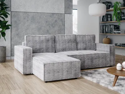 Image de Canapé d'angle en L convertible avec fonction couchage DL et coffre 258x169 Velours Côtelé Poso Gris BRIK