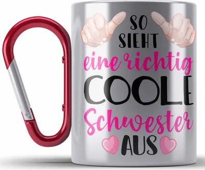 Produktbild von Trendation - So Sieht Eine Richtig Coole Schwester Aus Edelstahl Tasse Karabiner Bester Schwester Der Welt Geschenkidee Beste Sis Geschenke (Rot)