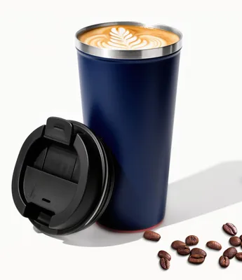 Reisebecher 500 ml, doppelwandig, Vakuum-isoliert, Edelstahl, marineblau