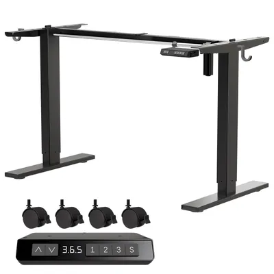 A black electric standing desk frame with wheels and a control panel, displayed against a white background.