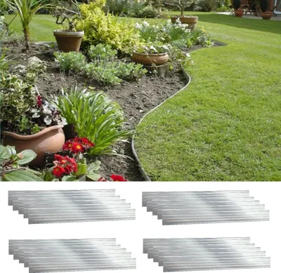 A garden scene with plants and lawn, and below it, a set of metal edging strips.
