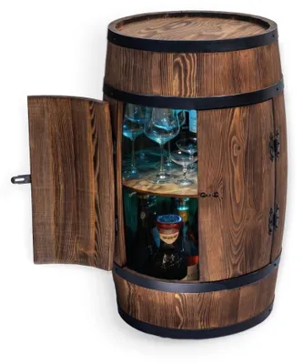 Produktbild von Creative Cooper  Fassbar Stehtisch mit Tür und LED RGB - Alkoholschrank Flaschenregal Holz - Holzfass - Fassmöbel - Wineregal - Whiskybar- Weinfass mit Tür - 80 cm (Sonnenverbranntes wenge)