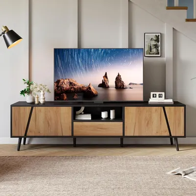 Immagine prodotto di Mobile TV con cassetti e 2 ante, colore nero e legno, dimensioni 180x40x46 cm