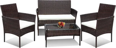 Zdjęcie produktu dla Zestaw mebli ogrodowych Jayseuw z polyratanu – stół, sofa i 2 krzesła – brązowy