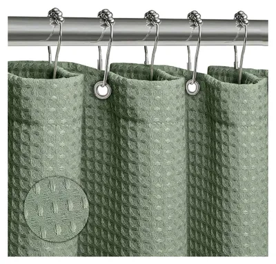 Produktbild von Duschvorhang Waschbar Textil Polyester Stoff Bad Vorhang mit 12 Metall Duschvorhangringen Wasserdicht für Dusche und Badewanne 180 x 200 cm Waffel Grün