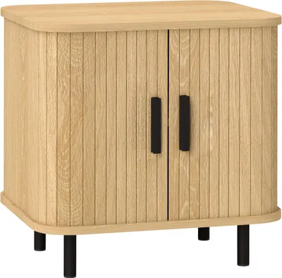 Produktbild von Nachttisch - Nachtschrank - Schiebetüren - 2 Ablagen - Stahlbeine - Skandinavischer Stil - 48x40x48 cm - Holz - Natur