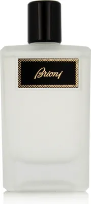 A white frosted glass bottle of Brioni Eau de Parfum Eclat with a black cap and a black label with gold trim and text.