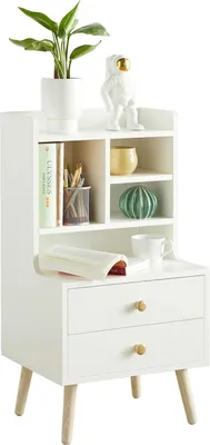 Image de FBT100-W, table de nuit/table d'appoint, 2 tiroirs et compartiments ouverts, blanc