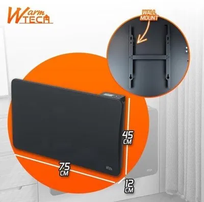 Obrázek produktu pro Keramický radiátor – výkon 1500 W – rozměry 75 x 45 x 12 cm – černá barva – určený pro vytápění obývacího pokoje