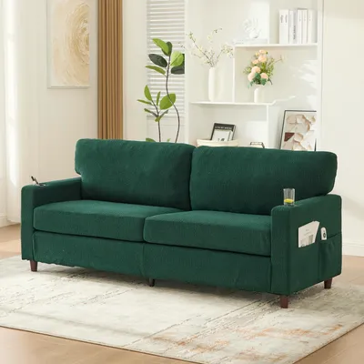 Image de LVHOM Canapé 2 places avec USB&LED, Canapé 2 places capitonné Chenille, Loveseat avec porte-gobelets, Canapé double en tissu Canapé lounge, Vert
