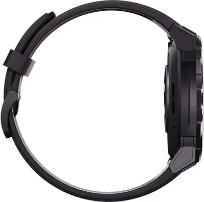 Side view of a black smartwatch with a black strap.