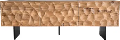 Obrázek produktu pro WOHNLING Nízká skříňka z masivního akáciového dřeva 160x56x37 cm TV komoda se třemi dvířky TV skříňka 3D vzhled Vysoký televizní stolek Televizní skříňka Moderní TV komoda